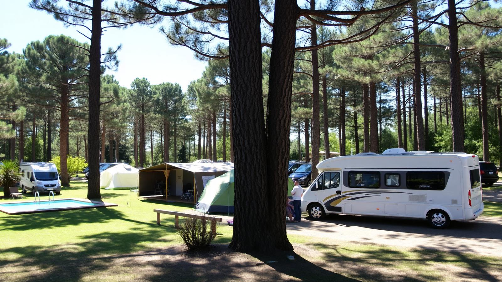 Family camping scene in a French campsite with tents, pool and pine trees