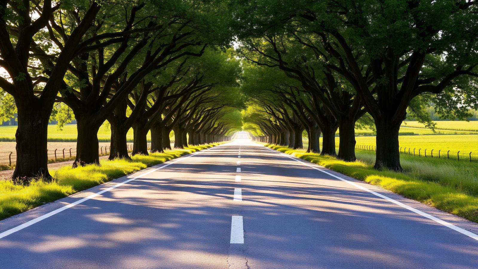 Scenic French country road lined with trees and vineyards